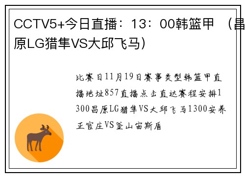CCTV5+今日直播：13：00韩篮甲 （昌原LG猎隼VS大邱飞马）
