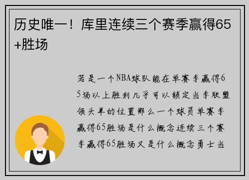 历史唯一!库里连续三个赛季赢得65+胜场